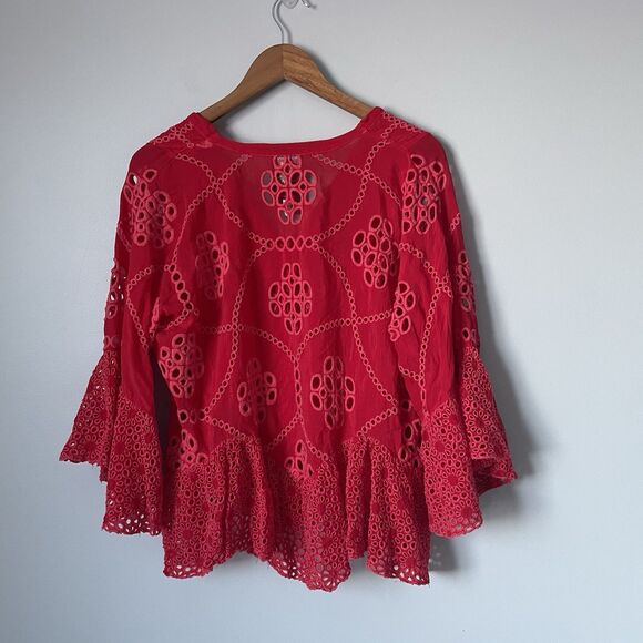 Johnny Was Xanthos Rae Blouse Red Embroidered Flowy Button Up Women's Medium - Picture 2 of 11
